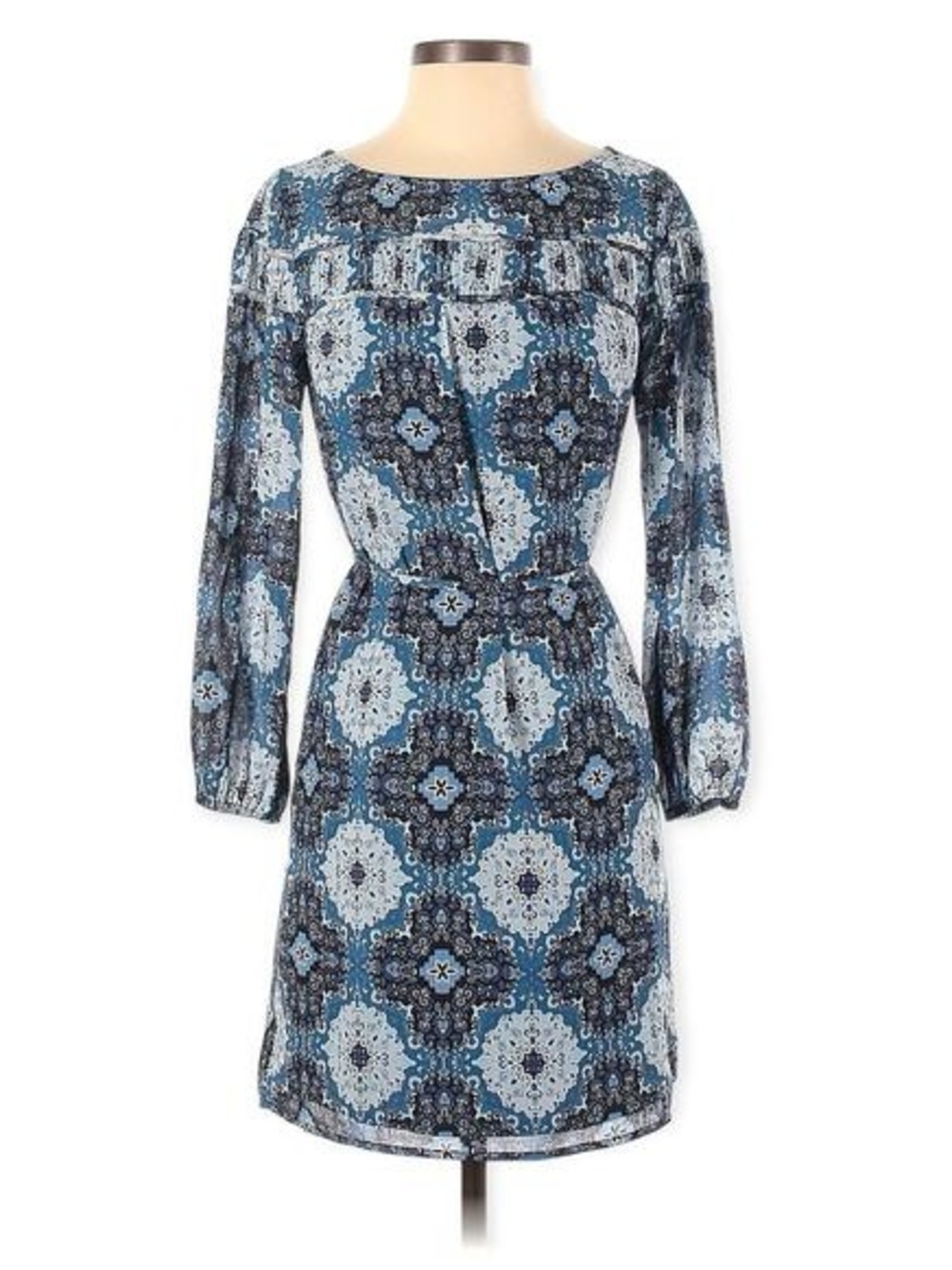 Ann Taylor LOFT Geometric Print Lined Tie Waist Long-Sleeve Shift Dress Medium